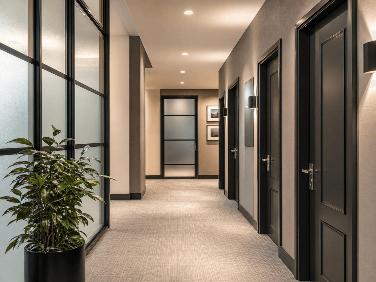 Clean facility corridor with frosted glass, slate finishes, and soft lighting.