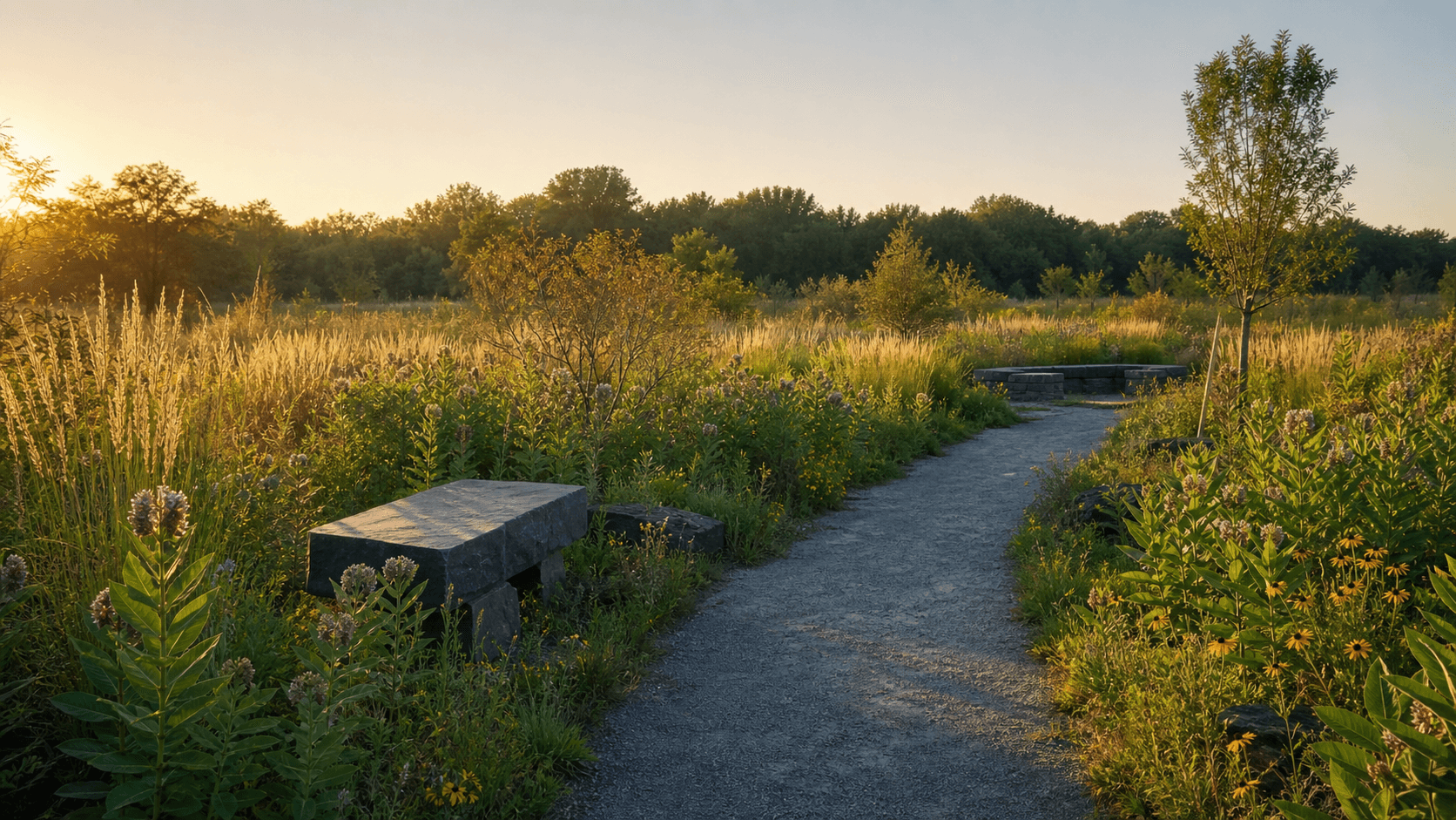 Native Wisconsin prairie path with milkweed, grasses, and a modest stone marker.